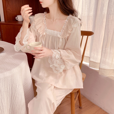 女纯棉花边拼接睡衣套装