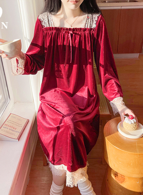 BIEN法式宫廷风睡裙女秋冬季红色本命年公主风家居服新娘晨袍结婚