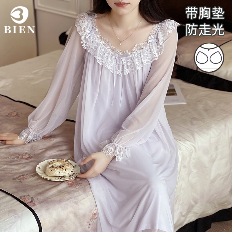 BIEN网纱仙女睡裙女春秋季甜美可爱公主宫廷风家居服法式带胸垫夏