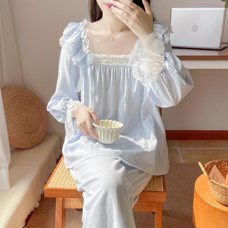 女纯棉花边拼接睡衣套装