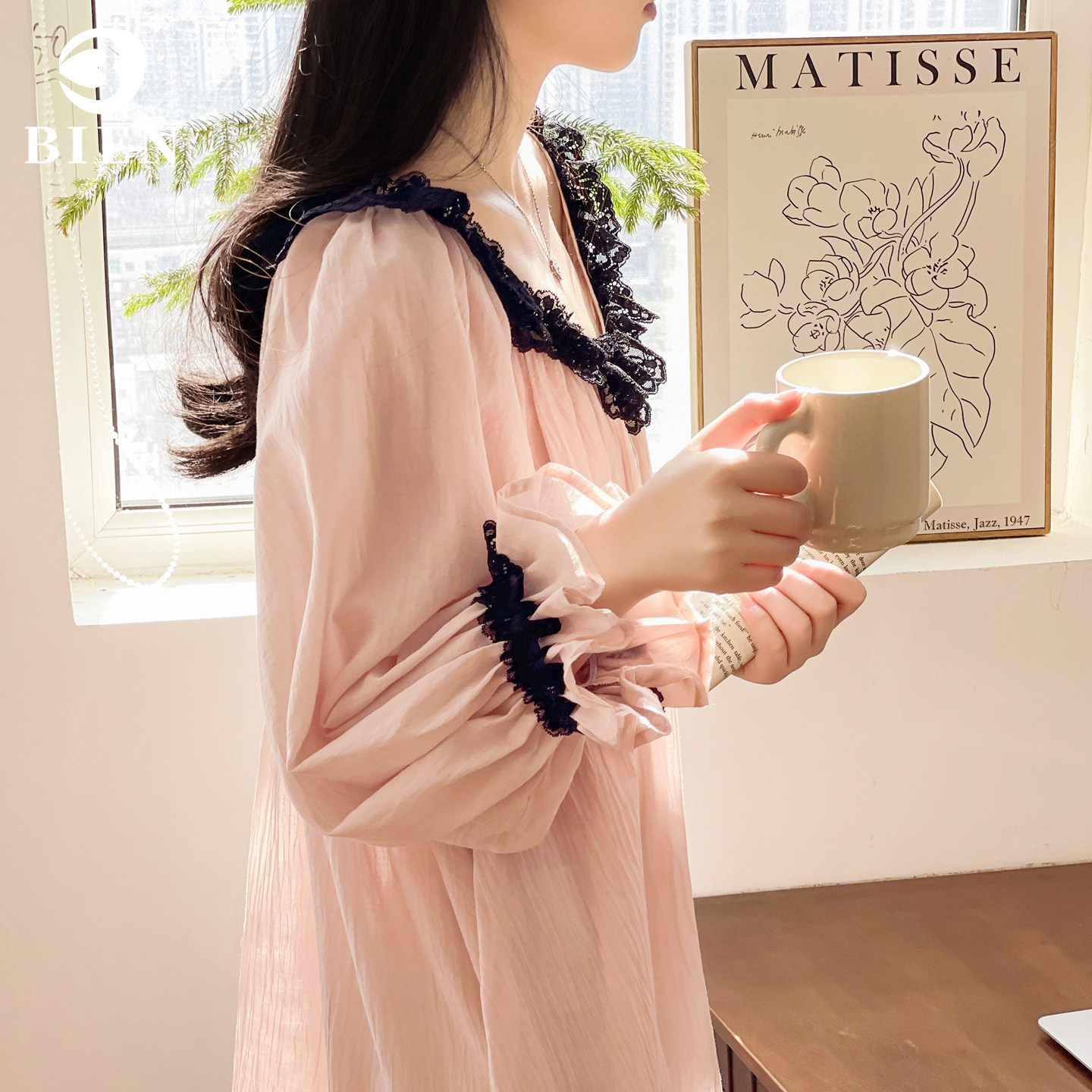 BIEN带胸垫纯棉睡裙女春秋季甜美法式宫廷公主风家居服可外穿新版