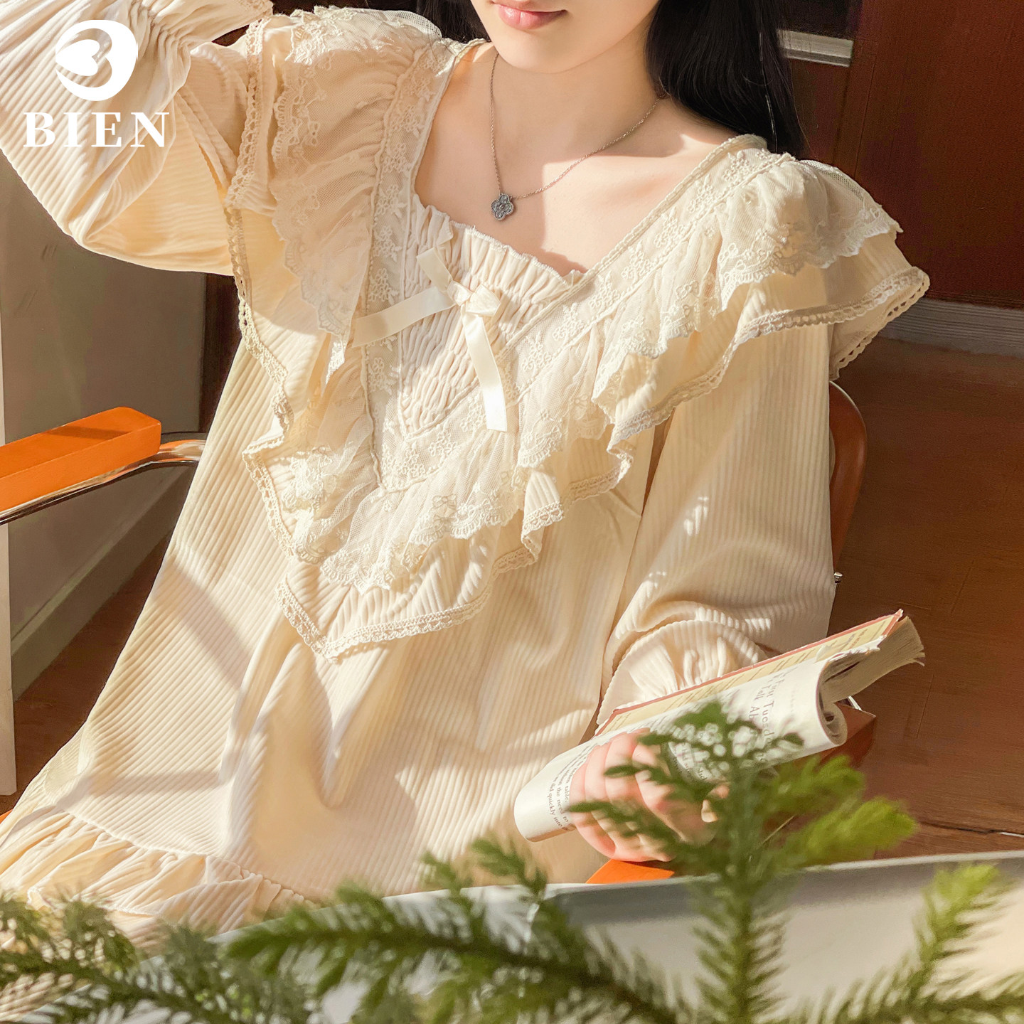 BIEN薄绒睡衣女春秋季甜美可爱公主风法式宫廷风家居服套装可外穿