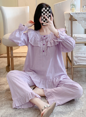 睡衣女春秋季甜美可爱公主风宫廷家居服纯棉套装紫色2026新款夏天