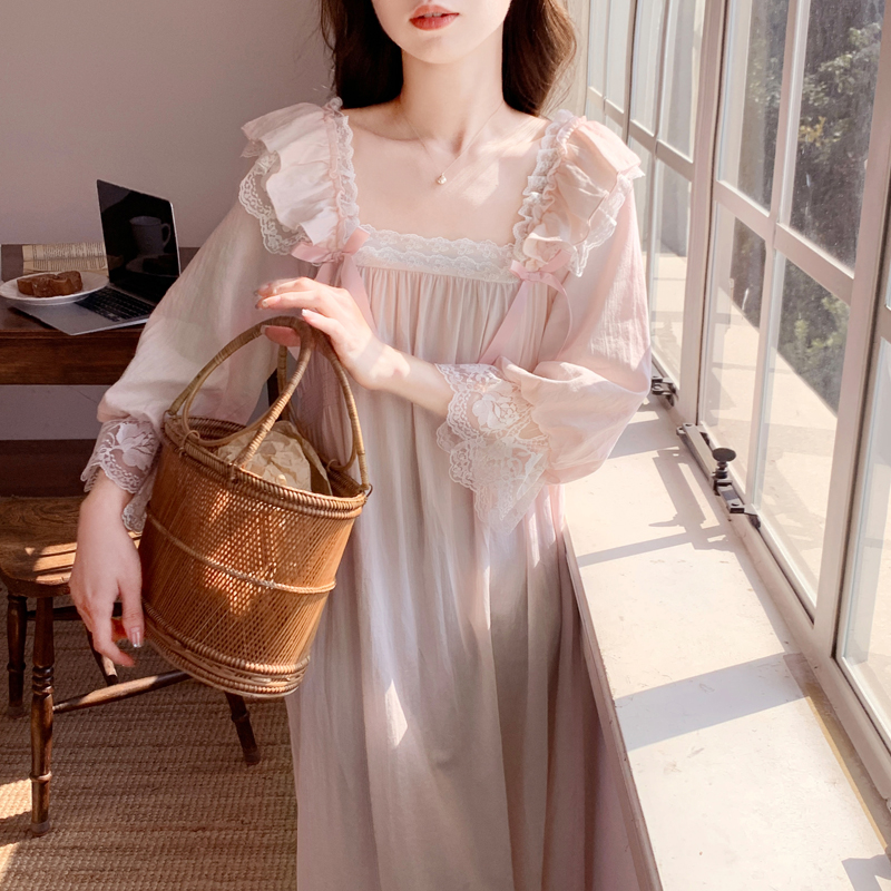 BIEN纯棉睡裙女春秋季学生可爱甜美公主宫廷家居服法式新款带胸垫