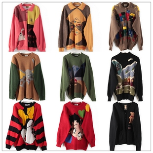 vintage日本制中古着孤品羊毛卡通漫画玩味手工polo领复古毛衣63