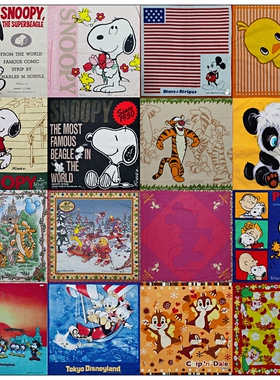 日本制vintage古着孤品复古米奇卡通插画头巾领巾小方巾手帕纯棉8