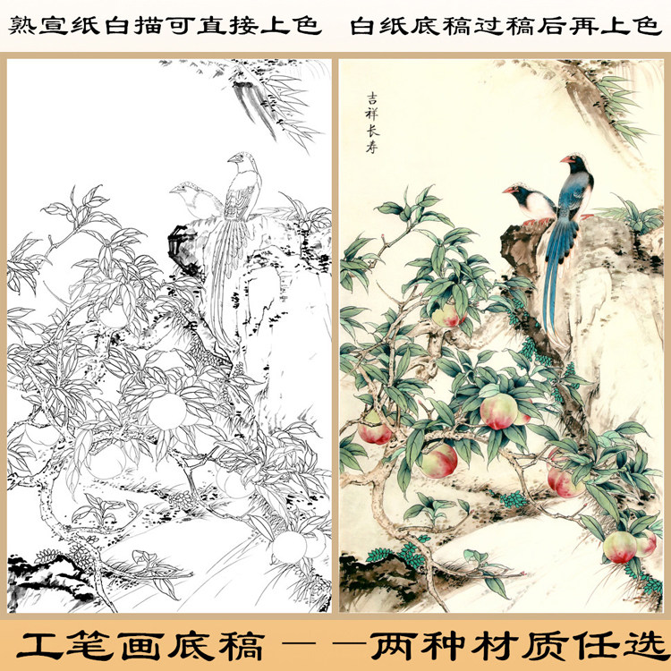 h298绶带鸟寿桃吉祥长寿图工笔画白描底稿熟宣纸稿可直接上色条幅