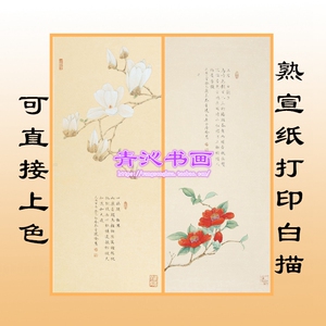 N235茶花玉兰花鸟元曲宋词工笔画熟宣纸白描底稿可直接上色条幅