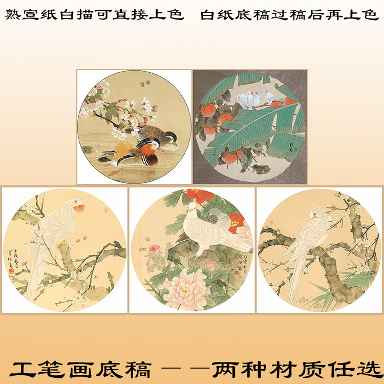 Y24圆形扇面工笔画白描底稿熟宣画稿直接上色鹦鹉鸳鸯例子芭蕉