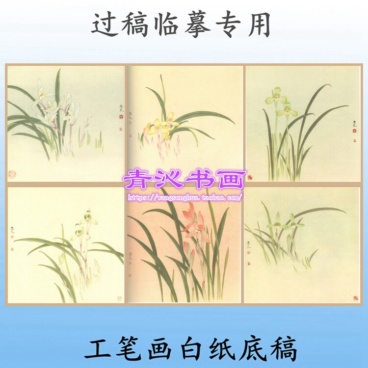 X8兰花花鸟工笔画白描底稿实物纸质白描画稿斗方6张任选
