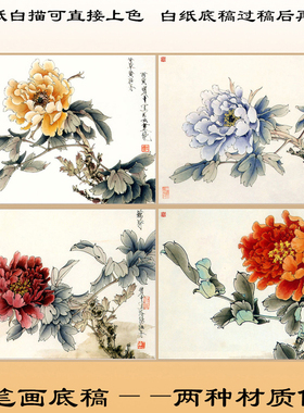 工笔画白描底稿上色牡丹宣纸画稿