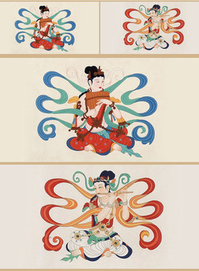 A213敦煌舞乐排箫长笛神仙工笔画熟宣纸白描底稿可直接上色横幅
