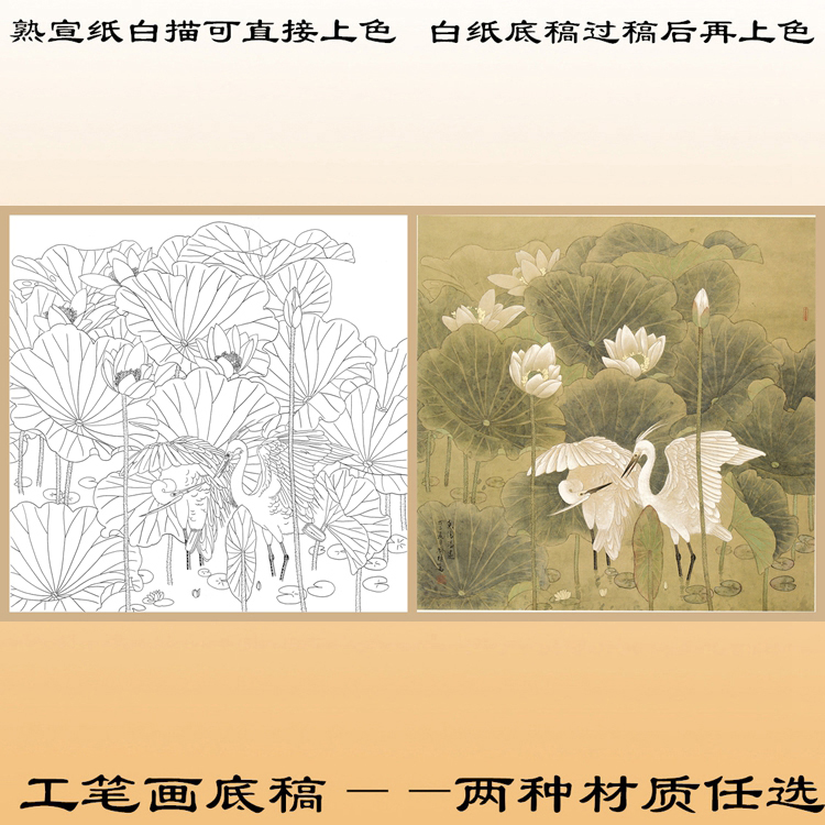 67荷花喻继高香清溢远工笔画白纸底稿过稿熟宣纸白描直接上色斗方 家居饰品 国画 原图主图