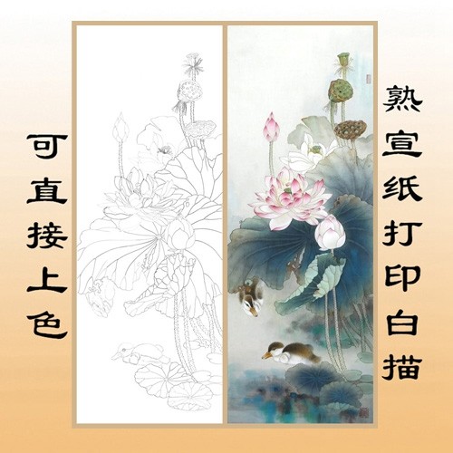 工笔画白描底稿荷塘双鸭直接上色