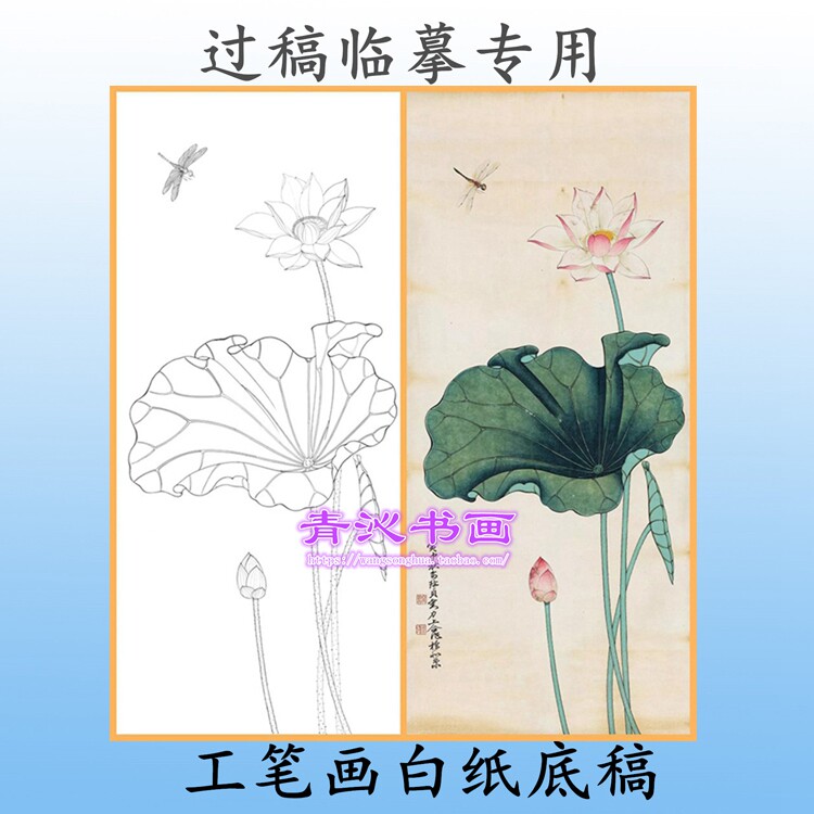 h164俞致贞荷花蜻蜓工笔画白描底稿实物打印线描国画稿条幅