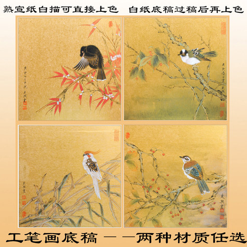 工笔画熟宣纸白描底稿上色