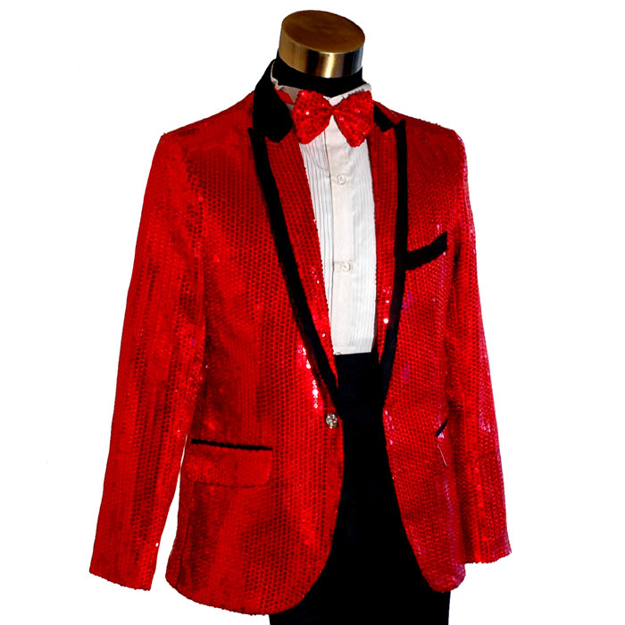 缘于真情红色亮片黑色边绚丽闪亮男士主持人演出服礼服套装3086
