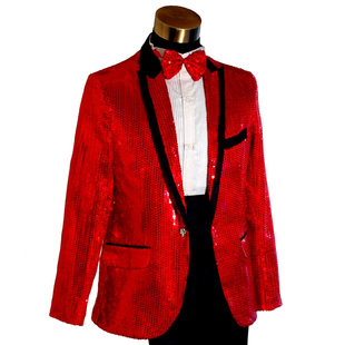 缘于真情红色亮片黑色边绚丽闪亮男士主持人演出服礼服套装3086