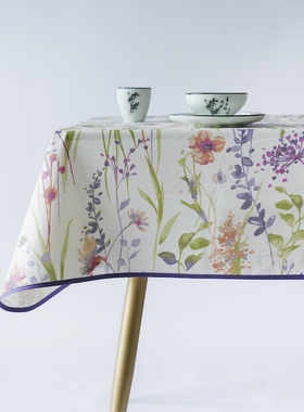 GIRONES进口白色清新虞美人花朵纯棉防水防油免洗紫色包边桌布