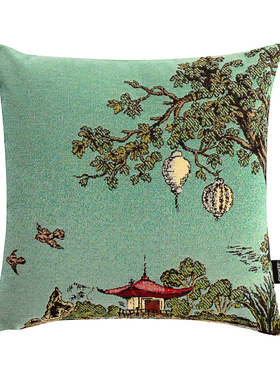 GIRONES进口提花工艺东方古典亭子风景画绿色靠垫抱枕靠包腰靠