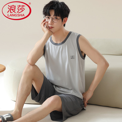夏季男士睡衣无袖背心棉绸家居服