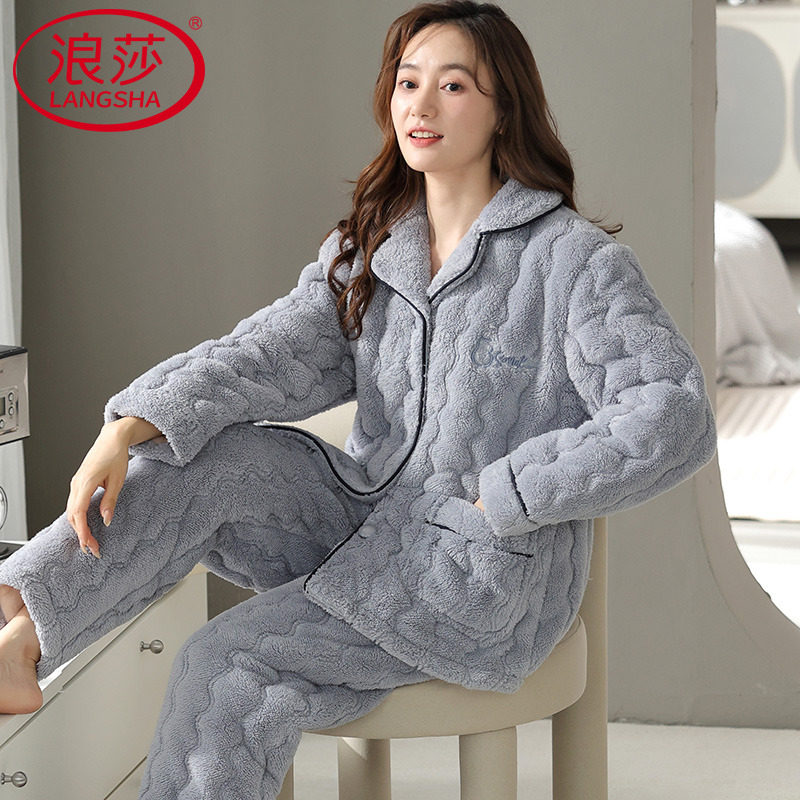 冬季加厚加绒睡衣女士夹棉保暖