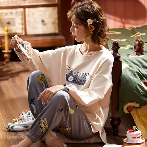 南极人纯棉长袖可爱女士薄款睡衣