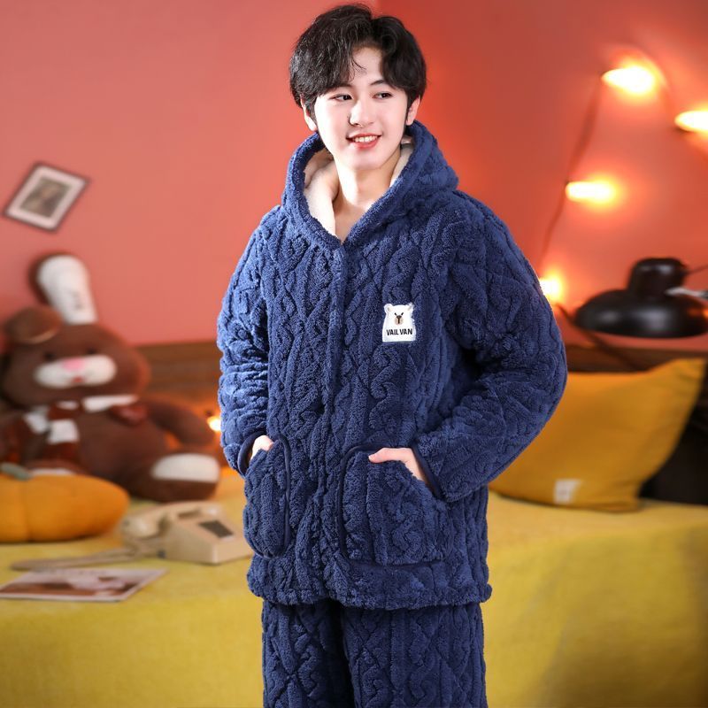 冬儿童夹棉睡衣初中生青少年中大童男孩加厚加绒珊瑚绒棉袄家居服