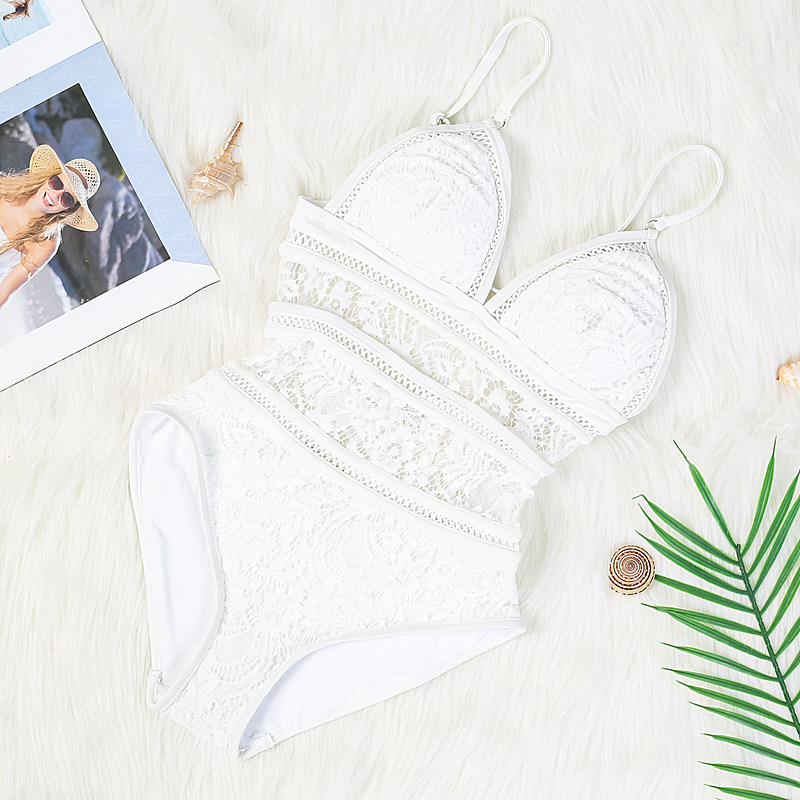 聚拢双肩带黑色蕾丝遮肚露背连体泳衣休闲显瘦性感白色温泉女泳装