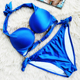 聚拢大小胸钢圈比坚尼蓝色绑带比基尼泳衣度假钢托黑色bikini泳装