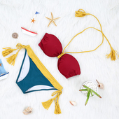 聚拢钢托拼色大小胸红色泳装 钢圈性感流苏比基尼 温泉女泳衣三点式