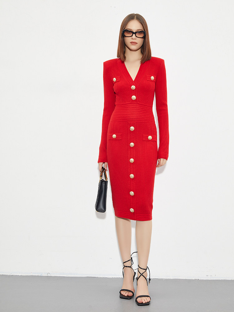 Boss Z Boman French style modern gas field dress slim fit imported wool knit V-neck long skirt female autumn and winter