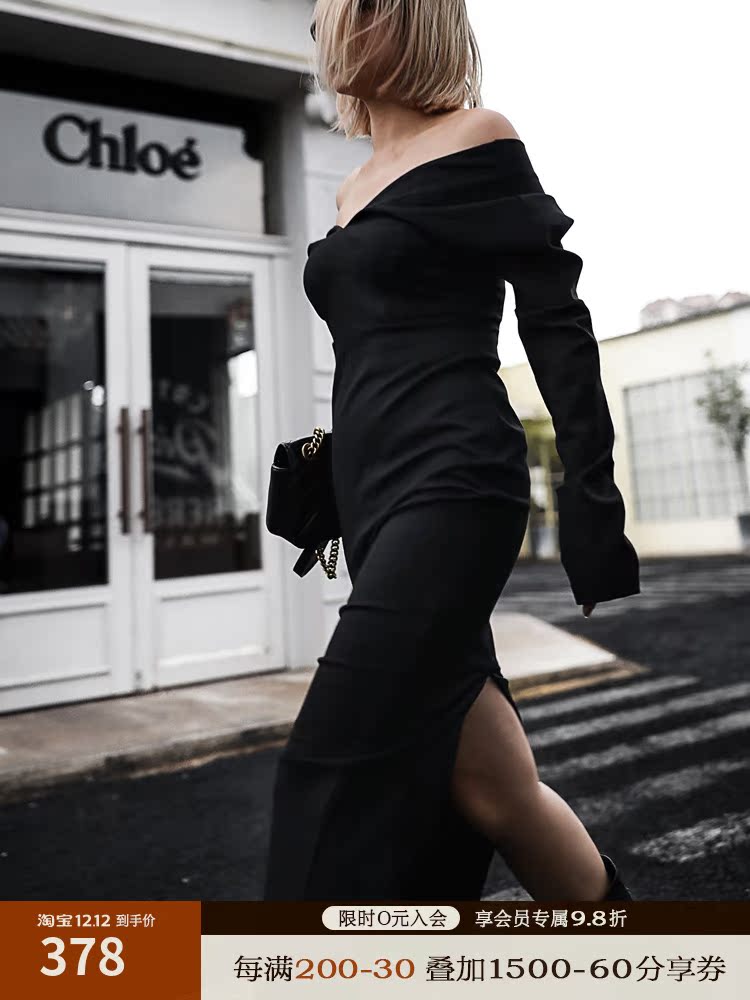 Boss Z two-wear V-neck hanging shoulder dress high-elastic long-sleeved slim mid-length party senior evening dress women