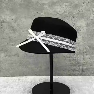 甜美蕾丝撞色蝴蝶结羊毛马术帽女秋冬复古减龄好看鸭舌帽 博主同款