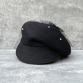 优雅网纱珍珠贝雷帽报童帽C4褶鸭舌帽子女夏季 防晒草帽小众马术帽