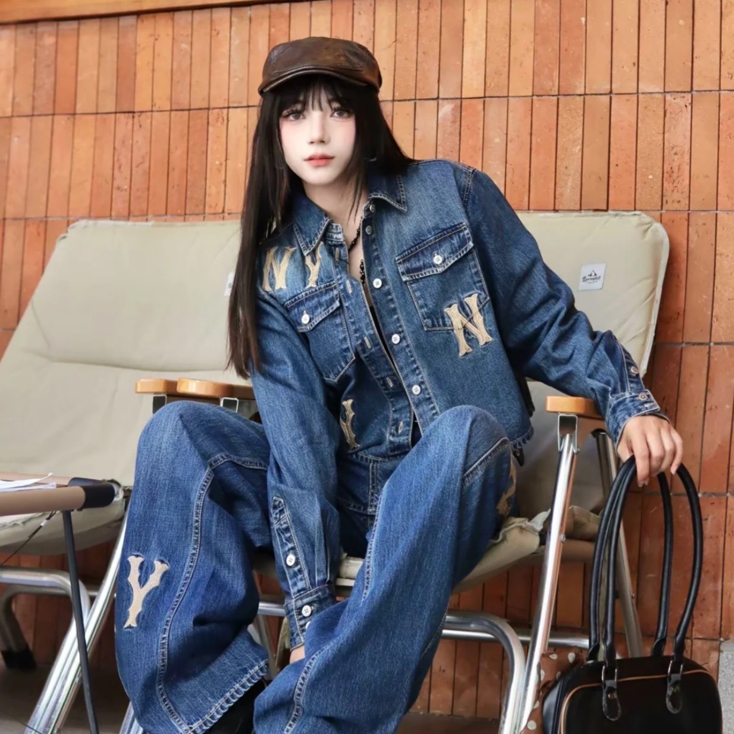 MLB女士牛仔夹克25秋季新款NY刺绣翻领衬衫潮流运动外套3FDRG0254