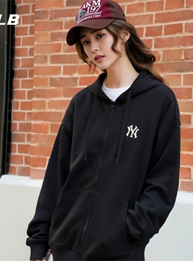 MLB情侣卫衣春秋NY刺绣小标开衫连帽上衣休闲运动外套3ATRB0144