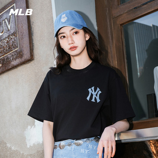 MLB短袖男女情侣25夏季新款大logo牛仔做旧凉感宽松T恤3ATSM0953