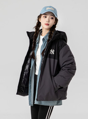 MLB羽绒服男女同款秋冬NY镂空拼色保暖连帽情侣棉羽外套3ADJB0646