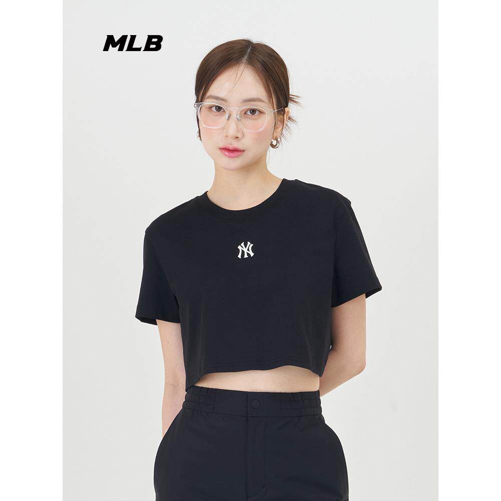 MLB短袖女款简约纯色圆领NY刺绣小logo运动休闲短款T恤3FTSB0443