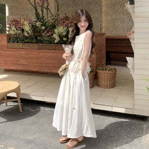 白月光法式气质无袖背心两件套连衣裙女夏季新款高级感长裙