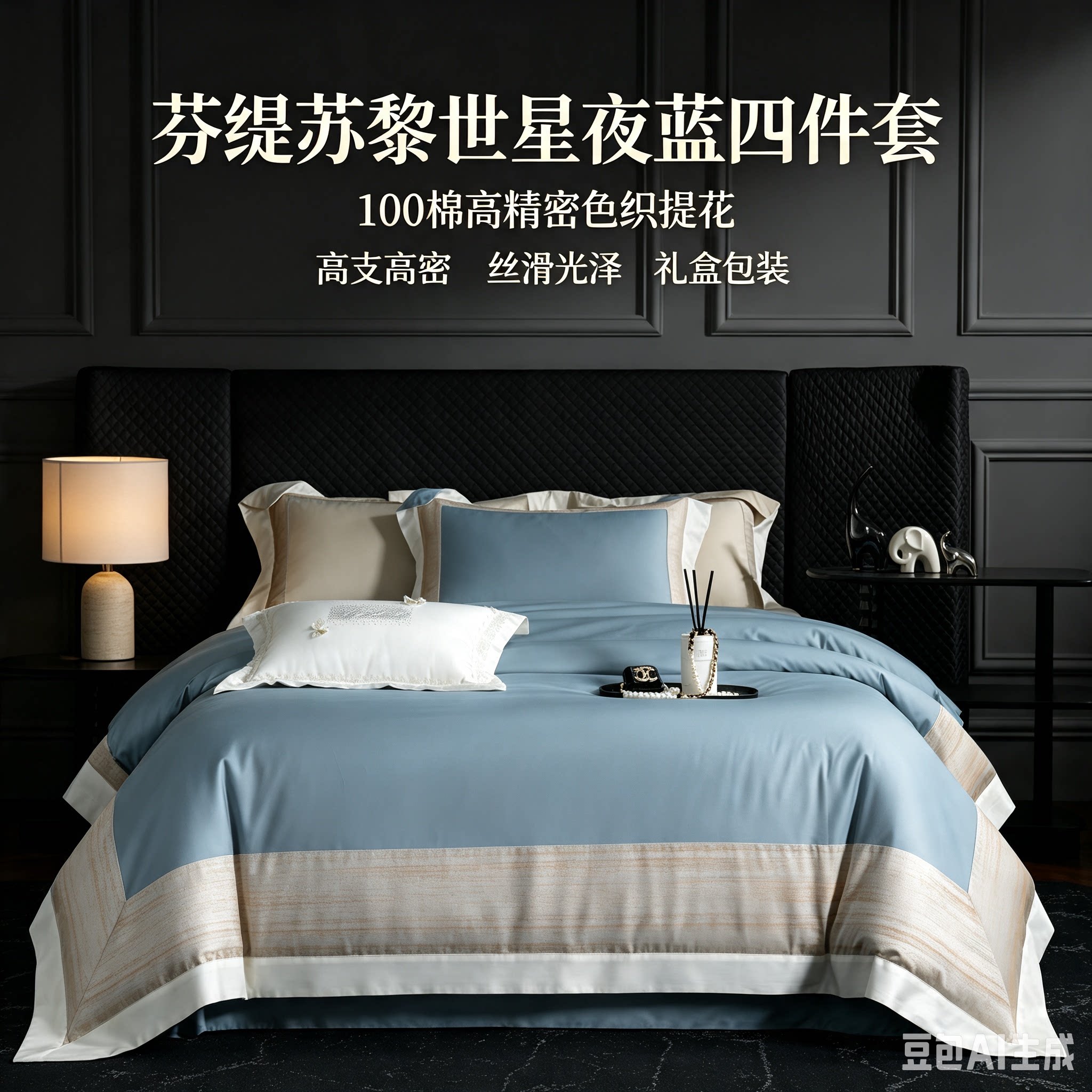 芬缇100S全棉高支高精密拼接工艺色织提花四件套轻奢礼盒高端床品