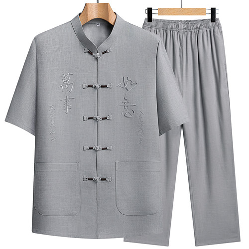 夏季棉麻短袖中老年唐装套装