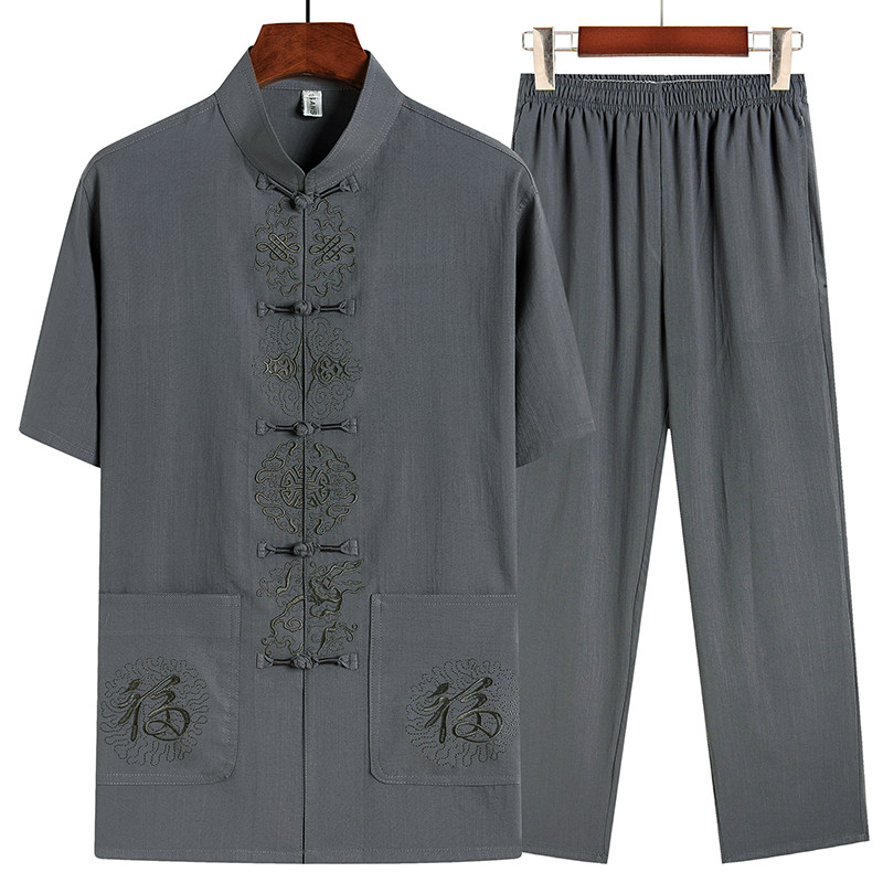 中国风新款唐装男士短袖套装夏季汉服中老年人棉麻休闲爸爸装衬衫