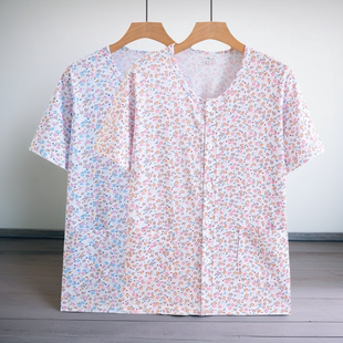 家居服睡衣夏季 薄款 系扣上衣妈妈薄款 中老年纯棉短袖 背心全棉开衫