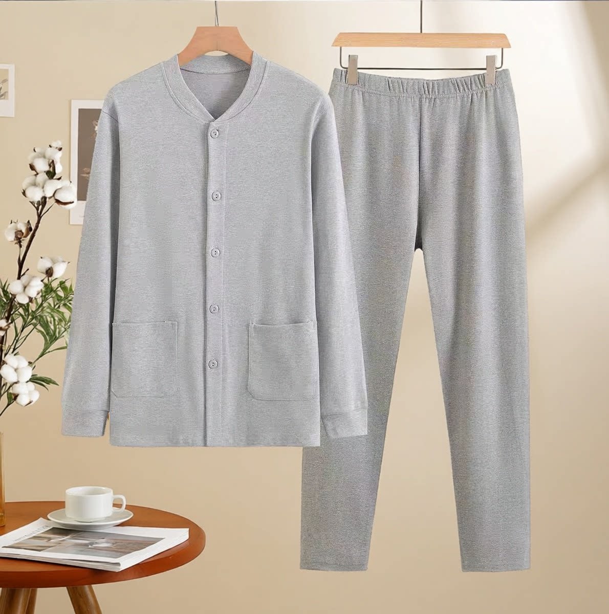 秋冬中老年爸爸纯棉秋衣秋裤套装中年男100%棉带口袋厚家居服套装