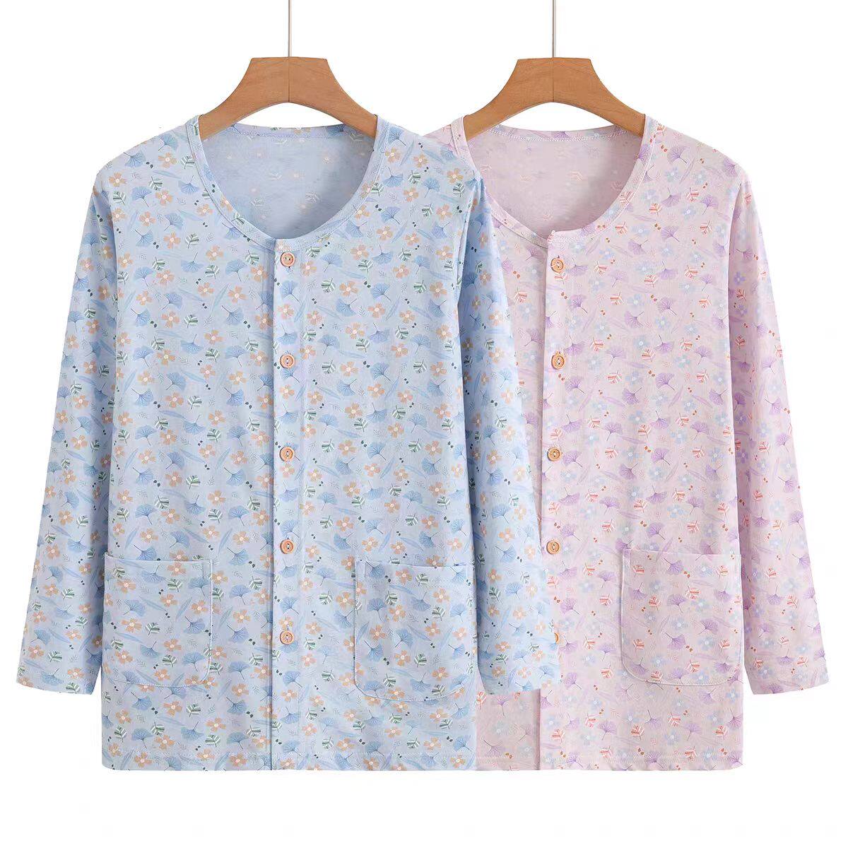 中老年人纯棉长袖开衫睡衣薄款线衣大码开襟上衣休闲家居服秋衣