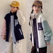 爆米哗女童外套2025冬拼色摇粒绒儿童棉服拉链夹克上衣保暖6095