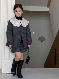 7+童装25新女童娃娃领小香风羽绒外套呢子短裤两件套套装79056潮