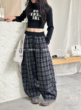 童乐鱼童装秋装新款男童女童宽松直筒弯刀裤儿童休闲格子裤95103